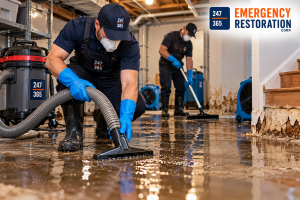 247-365 Emergency Restoration Corp. technicians performing professional sewage backup cleanup and water damage restoration in a flooded basement using specialized water extraction equipment and industrial drying machines.