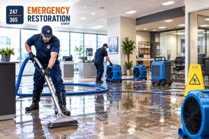 Professional restoration technicians performing commercial flood cleanup inside a water-damaged business using water extraction equipment and industrial drying machines to help the property reopen safely.