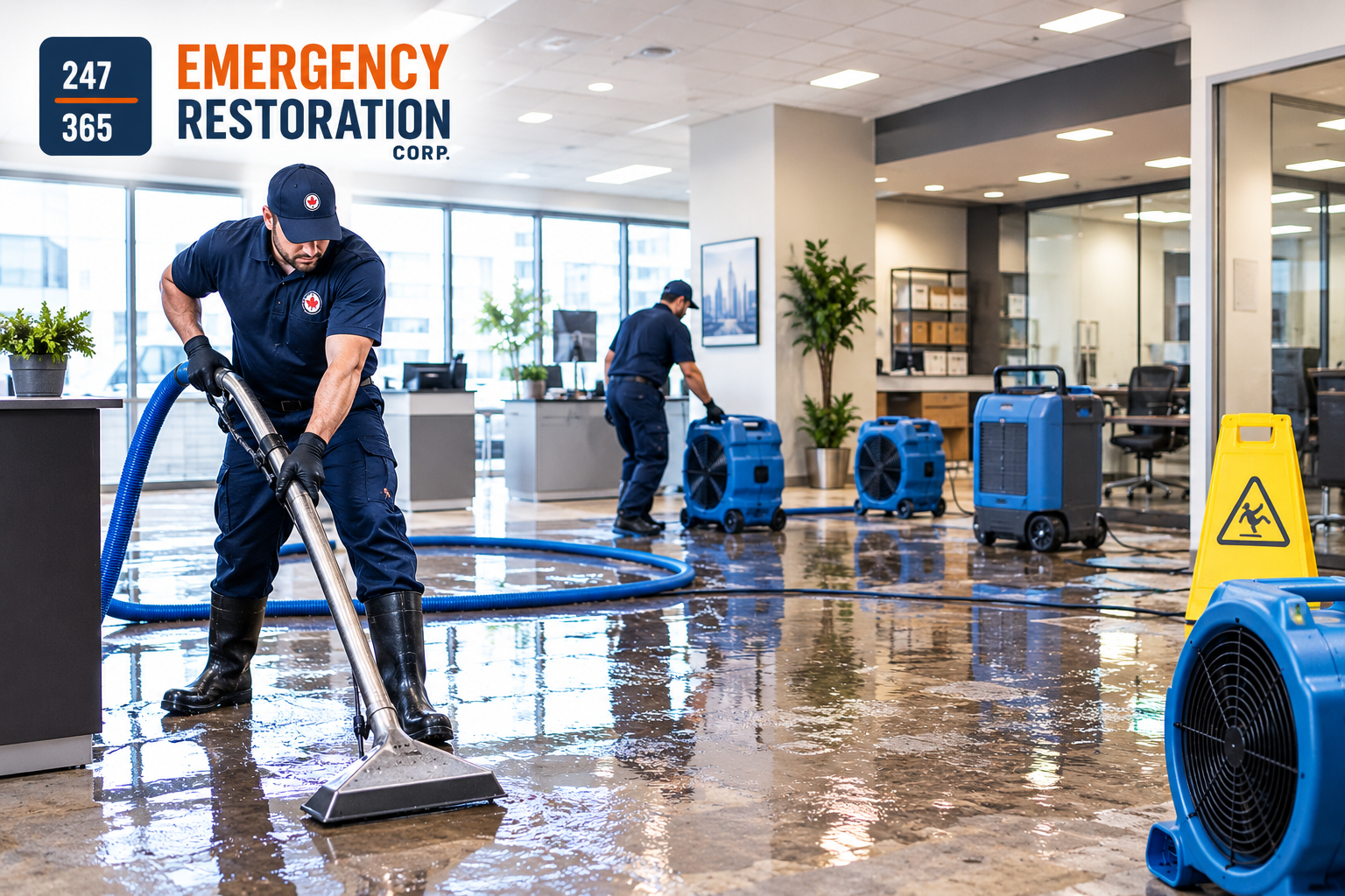 Professional restoration technicians performing commercial flood cleanup inside a water-damaged business using water extraction equipment and industrial drying machines to help the property reopen safely.