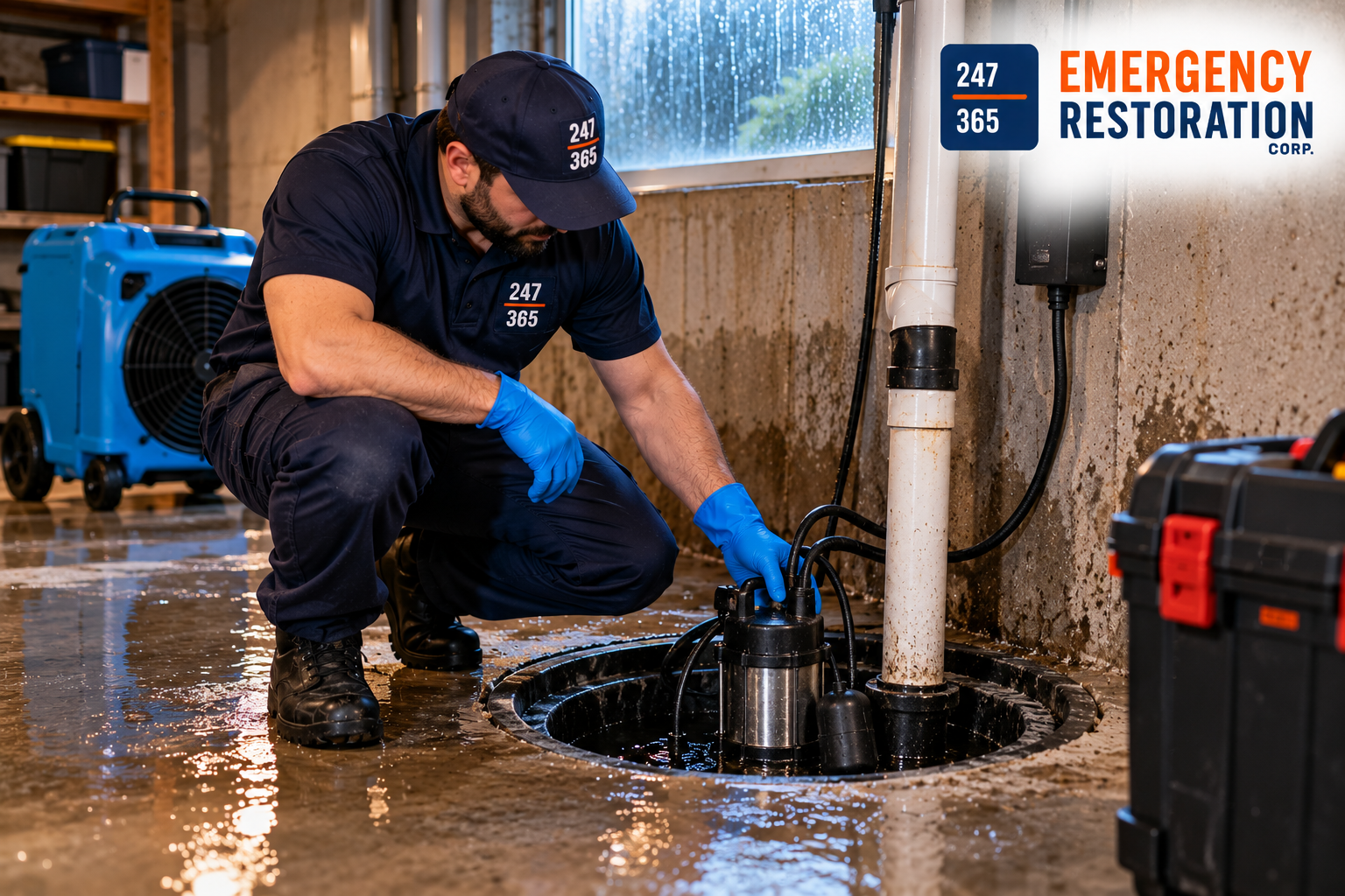 Emergency Sump Pump Restoration Sump pump operating during heavy rain to remove excess groundwater and prevent basement flooding.