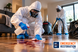 Professional crime scene cleanup specialists wearing protective equipment while safely cleaning and disinfecting a biohazard-affected property.